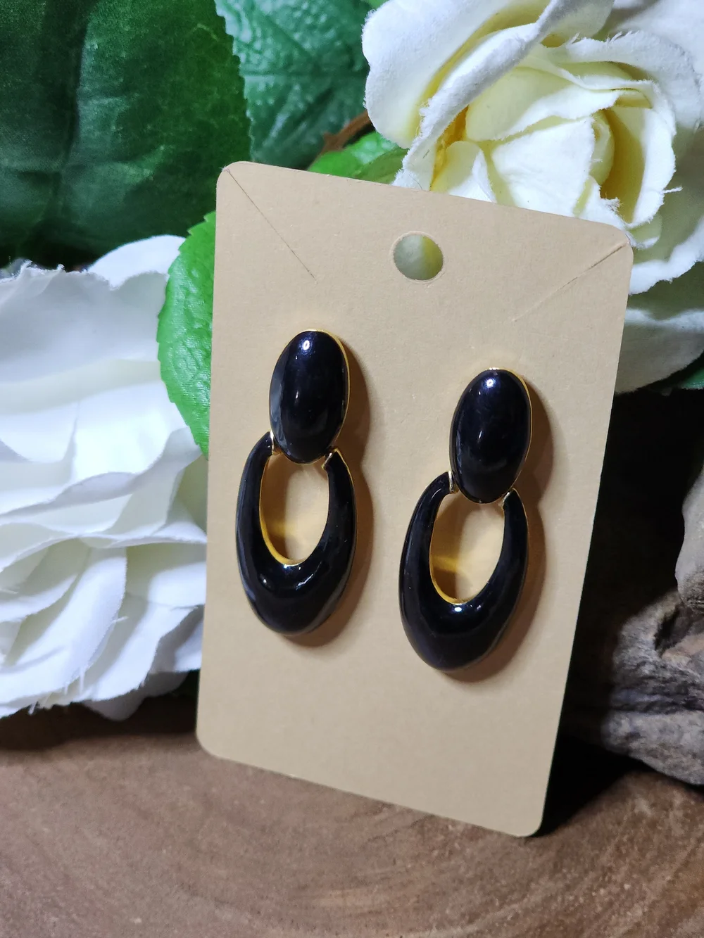 Signed Monet Black and Gold Oval Drop Pierced Earrings